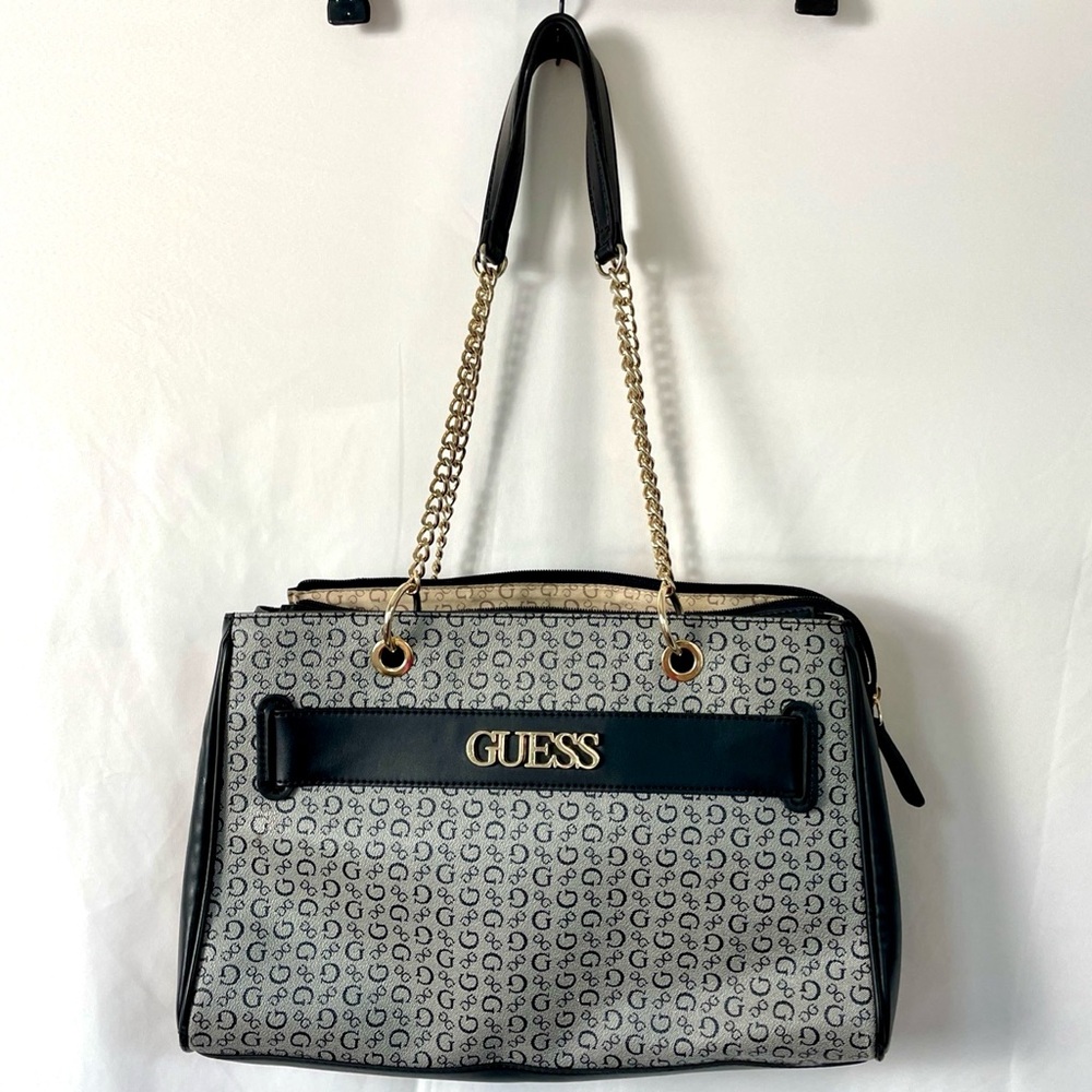 GUESS Black and Gray Purse with Gold Chains